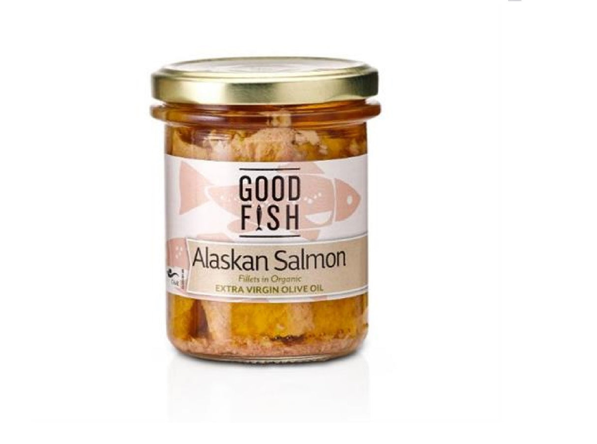 Good Fish Alaskan Salmon Fillets in Extra Virgin Olive Oil Jar Net: 195g Drained:138g