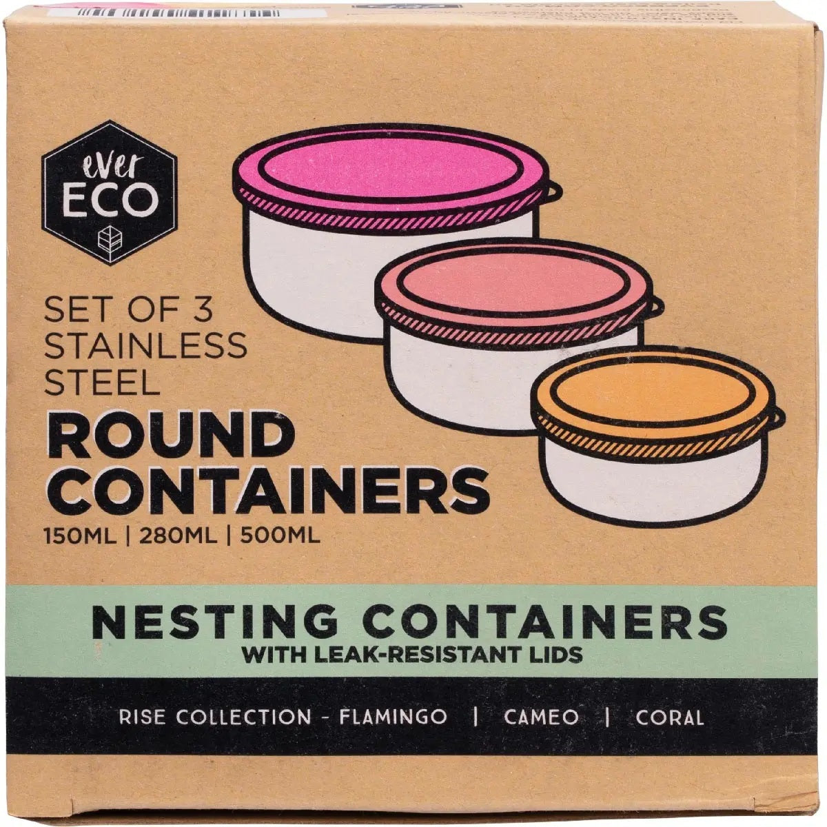 Stainless Steel Round Containers Leak Resistant 3pk